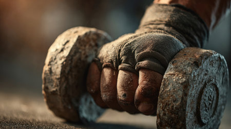 Detail of hand holding metal dumbbell with workout glove and visible effortの素材