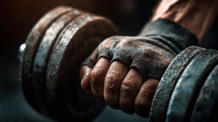 Detail of hand holding metal dumbbell with workout glove and visible effortの素材