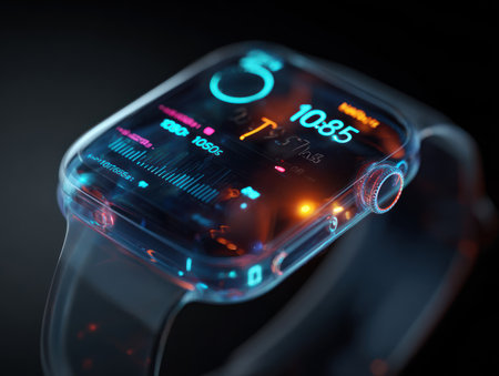 Close-up of modern smartwatch with advanced holographic user interfaceの素材