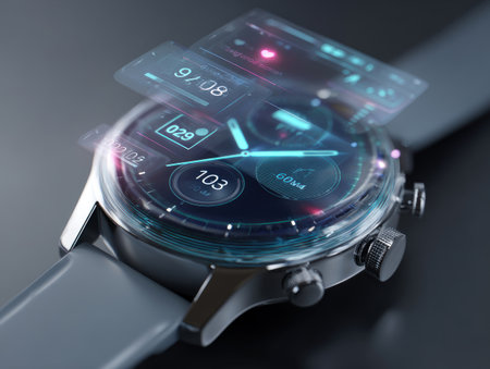 Close-up of modern smartwatch with advanced holographic user interfaceの素材