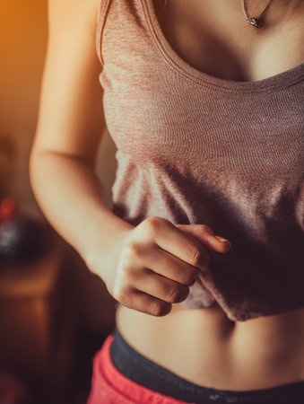 Detail view of fit woman's torso and hand in motion during exerciseの素材