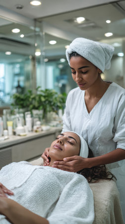 Skincare therapist giving soothing face treatment in wellness centerの素材
