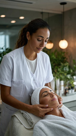 Skincare therapist giving soothing face treatment in wellness centerの素材