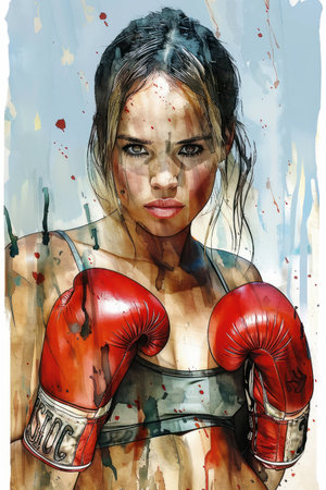 Stylized portrait of a female boxer in gloves with determined look and athletic buildの素材