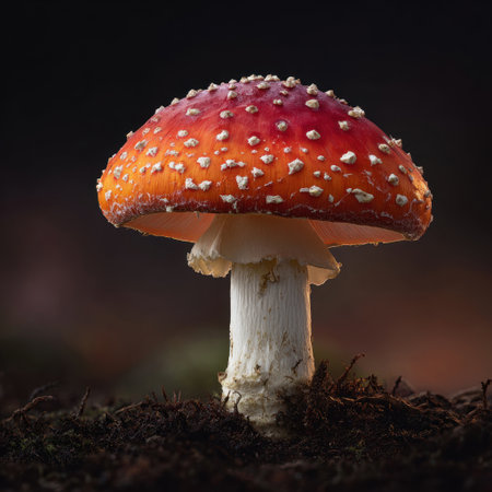 Detailed image of a red fly agaric mushroom growing from dark forest groundの素材