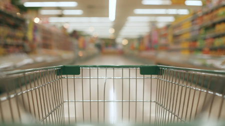 Perspective view from a shopping cart in a supermarket with blurry shelvesの素材