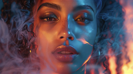 Intense close-up of a woman with expressive eyes and smoky environmentの素材