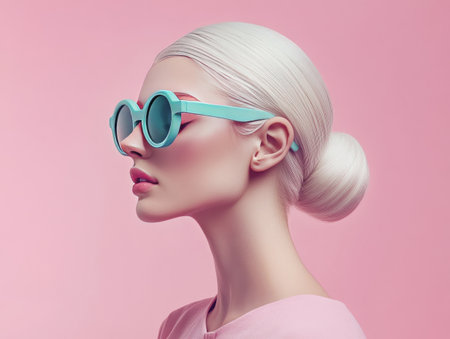 Chic woman in mint green sunglasses posing against soft pink backdropの素材