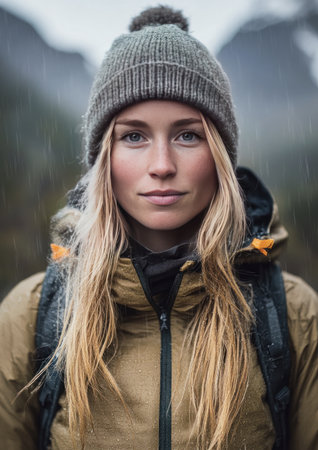 Portrait of a female hiker in rainy weather wearing outdoor gear and beanieの素材