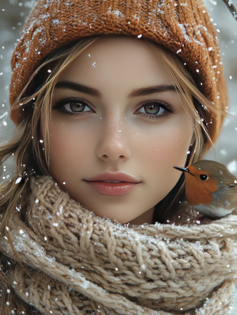 Beautiful young woman in warm knitwear and a robin perched on her scarfの素材
