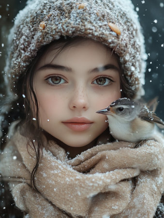 Close-up of girl in snow with bird on scarf and wool hatの素材