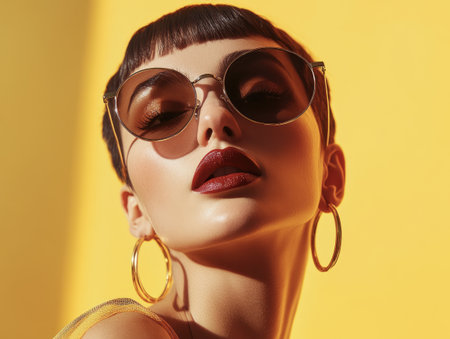 Fashion portrait of stylish model with closed eyes and round sunglassesの素材