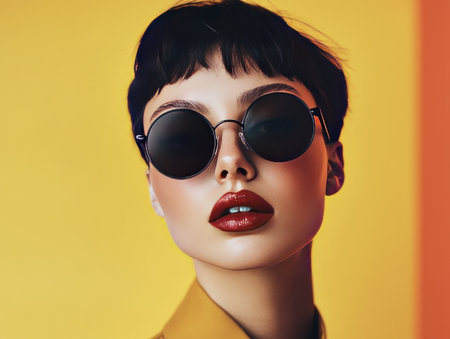 Fashion portrait of stylish model with closed eyes and round sunglassesの素材