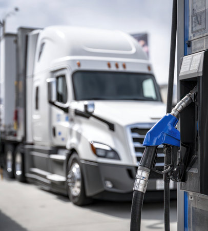 Blue diesel nozzle refueling a white semi truck at a fuel stationの素材