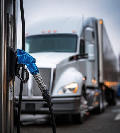 Blue diesel nozzle refueling a white semi truck at a fuel stationの素材