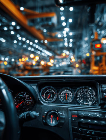 Car dashboard with lit speedometer and tachometer in factory settingの素材