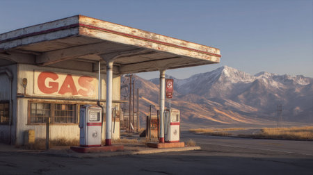 Retro gas station with weathered pumps and distant mountains under clear skyの素材