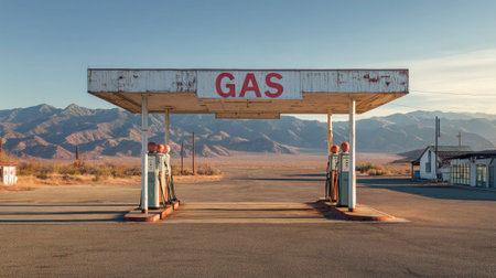 Retro gas station with weathered pumps and distant mountains under clear skyの素材
