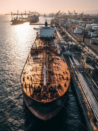 Large oil tanker connected to pipelines at refinery port for fuel transferの素材