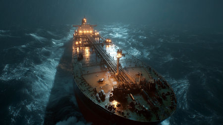 A large oil tanker sailing through the ocean at night, illuminated by its deck lights, creating a vivid contrast against the dark, star-filled sky and glowing waves.の素材