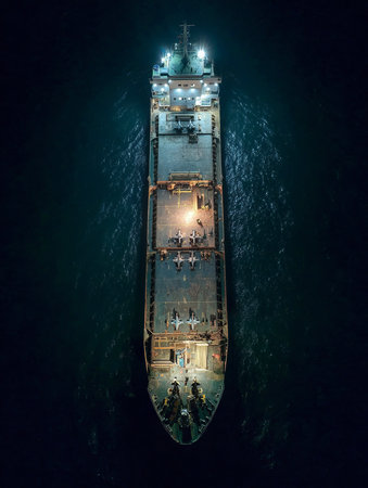 Aerial night shot of military ship carrying jets, lit by bright spotlights at seaの素材