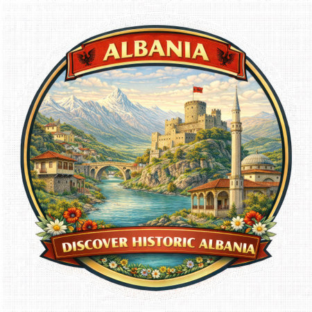 Illustration of Albanian culture with castles, lake, raki bottle, and traditional foodの素材