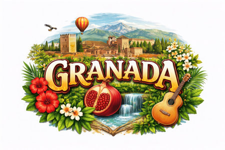 Vibrant illustrated travel poster of Granada featuring the Alhambra, lush gardens, mountains, pomegranate symbol, guitar, and Andalusian atmosphere.の素材