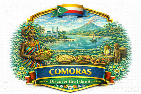 Colorful Comoros logo showing ocean, wildlife, tropical fruits and island sceneryの素材