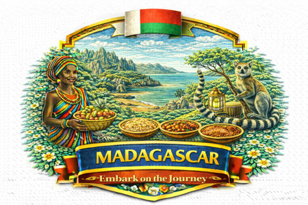 Illustrated emblem of Madagascar with lemurs, forest, exotic animals and natural beautyの素材