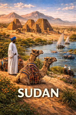 Sudanese desert scene with pyramids, camels, sailboats and the Nile river. Generative AI.の素材