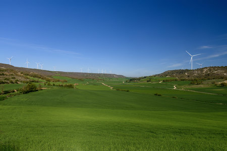 Panoramic view of green cultivated fields with wind turbines and blue sky in Palencia