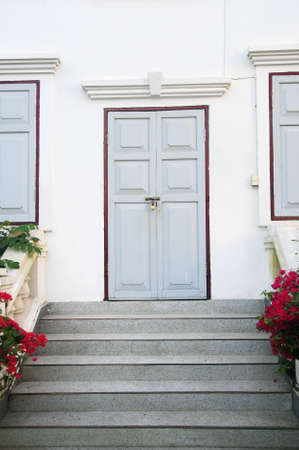 Gray wood door with stepの写真素材