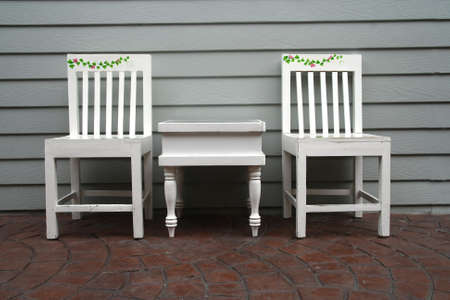 white wood chair and tableの写真素材