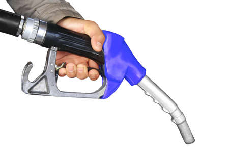 Male hand holding gas pump isolated の写真素材
