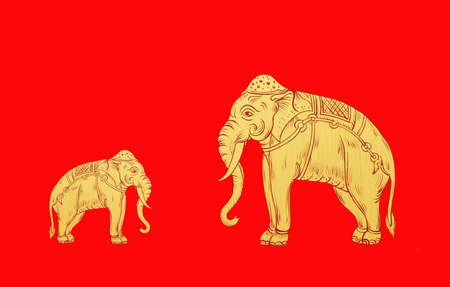 Mother elephant and childs,Thai art painting の写真素材