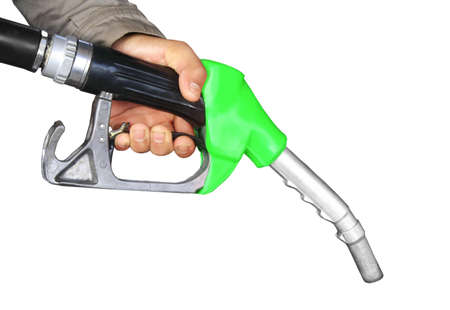 Male hand holding gas pump isolated の写真素材