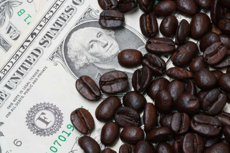 background of dollar bills and coffee beans の写真素材