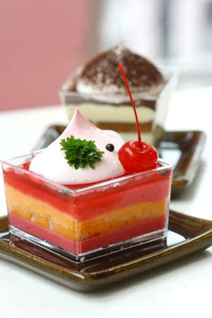 close up strawberry cheesecake on tableの写真素材