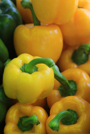 close up many yellow paprika の写真素材