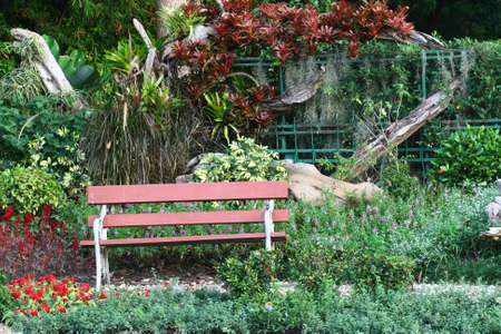 colorful flowers garden with walkwayの写真素材
