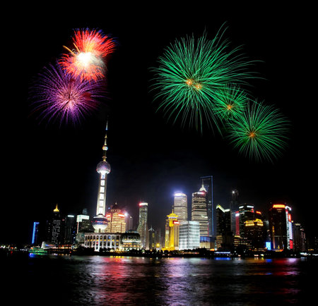 night view at shanghai tower and firework, China