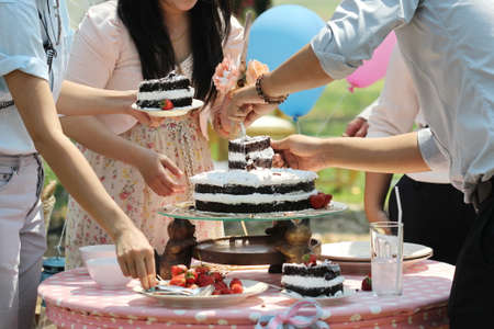 strawberry on chocolate cake outdoor, wedding cakeの写真素材