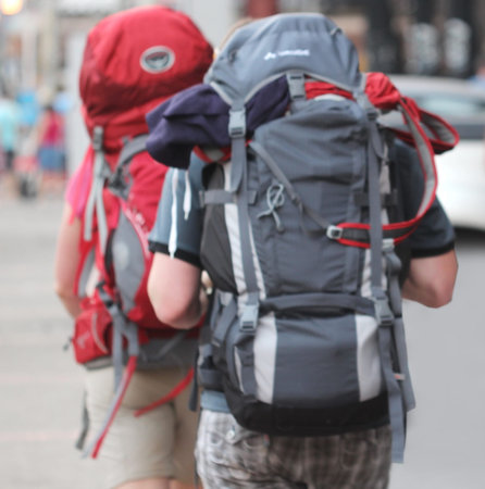 blurred people walk on road, backpackerの写真素材