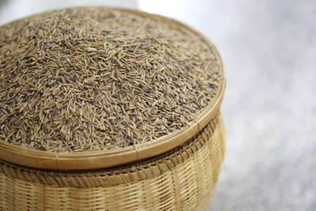 closeup raw organic rice in basketの写真素材