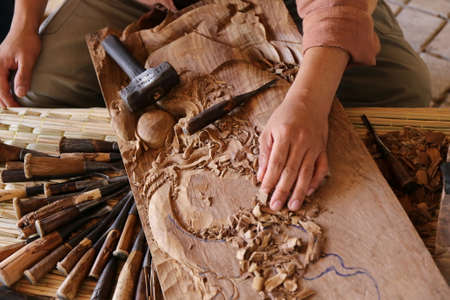 craftsman carving wood, thai artの写真素材