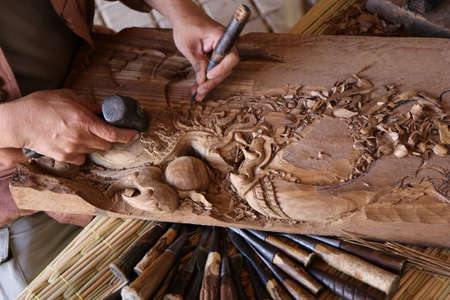 craftsman carving wood, thai artの写真素材