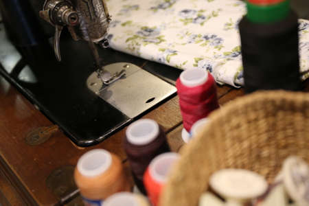 Classic fabric and sewing machineの写真素材