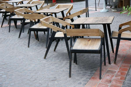 wood table, europe outdoor cafeの写真素材