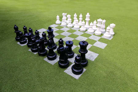 Chessboard and chess pieces on the grass in the gardenの写真素材