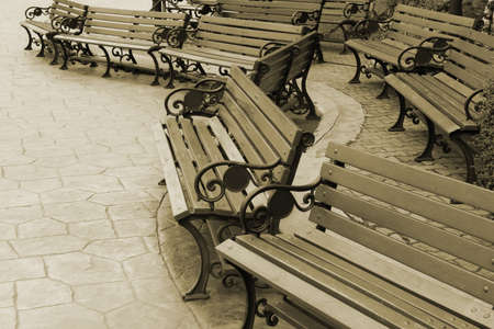 many wooden bench in parkの写真素材